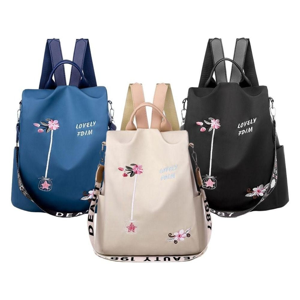 Mochila Feminina Oxford Impermeável Antifurto Moda Escola Bordada Designer Feminina Grande Capacidade Viagem Ombro Bolsa de Mão