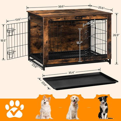 Large Dog Crate Furniture, Wooden Kennel with Pull-Out Tray, Rustic Brown, 38.6' for Medium/Small Dogs
