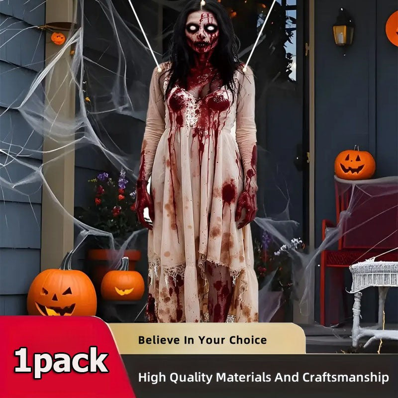 Large Halloween zombie woman Bloody Door banner - Horror party decoration, durable polyester fabric, haunted house, porch, home