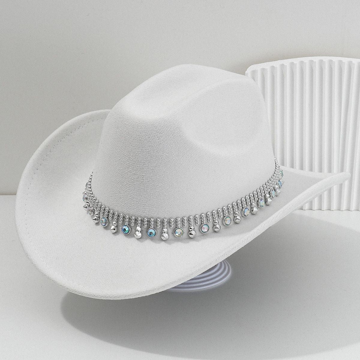 Boné Feminino Ocidental Brilhante com Pedrarias Chapéu Panamá Jazz Festa Temática Boné Vintage com Aba Larga Chapéu de Cowgirl para Festa Viagem