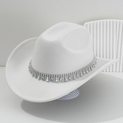 Boné Feminino Ocidental Brilhante com Pedrarias Chapéu Panamá Jazz Festa Temática Boné Vintage com Aba Larga Chapéu de Cowgirl para Festa Viagem