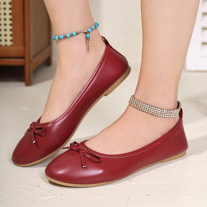Women's Elegant Red Ballet Flats Spring Summer New Versatile Low Top Comfort Soft Lightweight Bow Detail Slip On Work Shoes