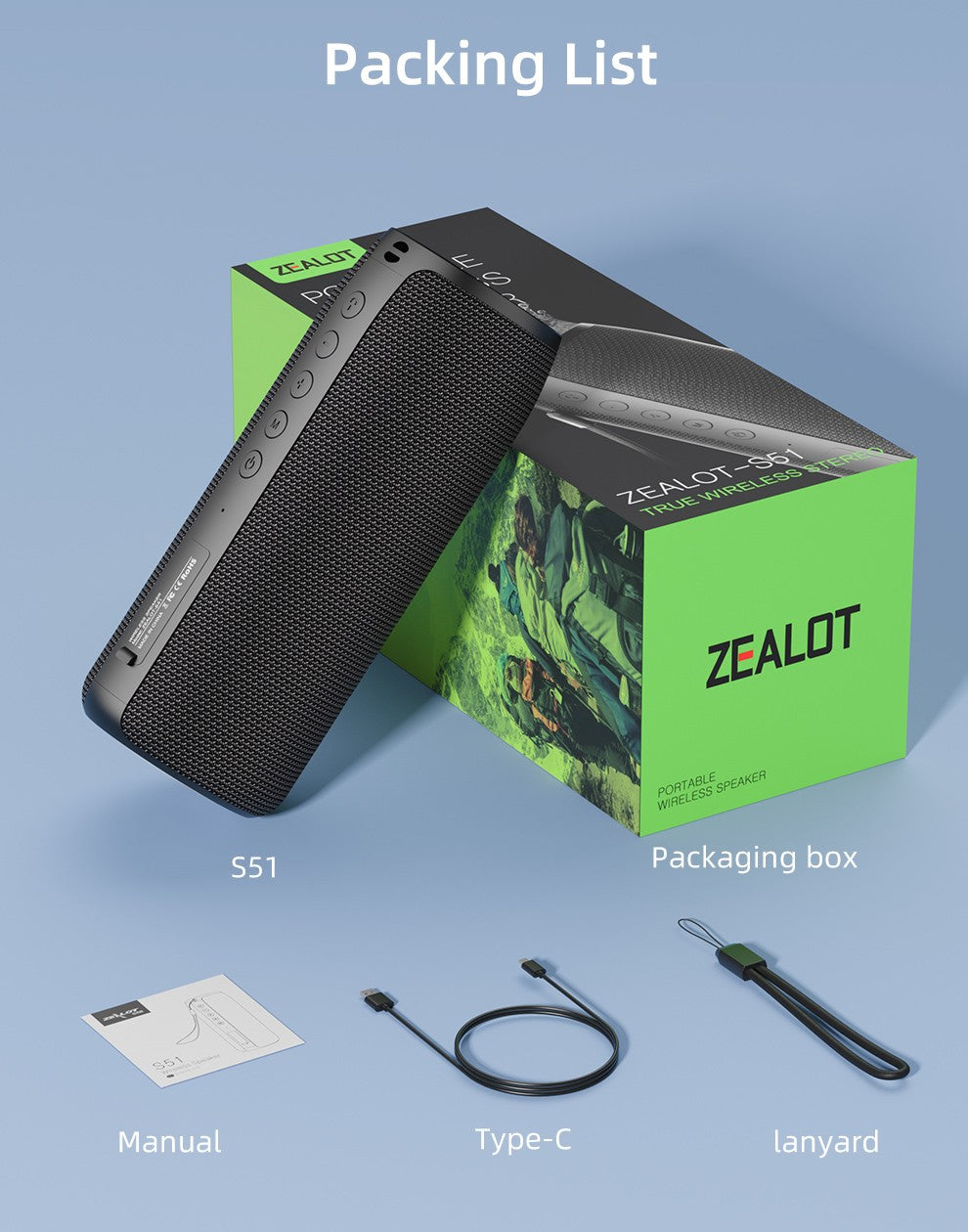 ZEALOT-S51 TWS Alto-falante Bluetooth Portátil Subwoofer de Graves Sem Fio Alto-falantes Externos À Prova D'água Caixa de Som Subwoof Suporte TF