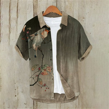 Men's Japanese Text Art 3D Printing Short Sleeved Shirt, Lapel Cardigan, Linen Bamboo knot, Cotton Button, Loose Hawaiian Shirt