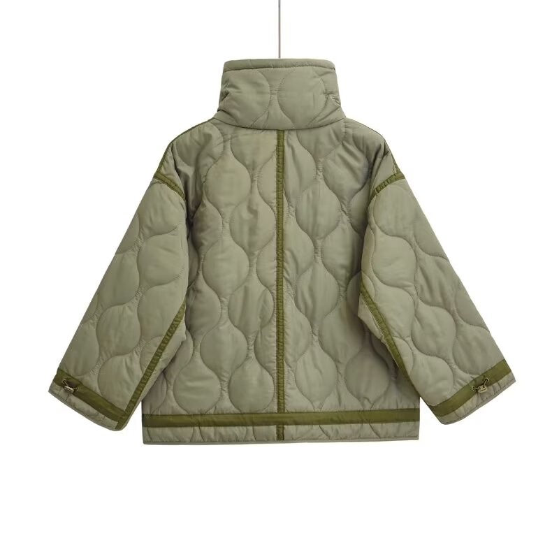 2024 autumn new women's fashion pocket decoration loose long sleeved stand collar diamond grid cotton jacket short jacket