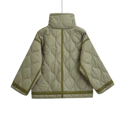 2024 autumn new women's fashion pocket decoration loose long sleeved stand collar diamond grid cotton jacket short jacket