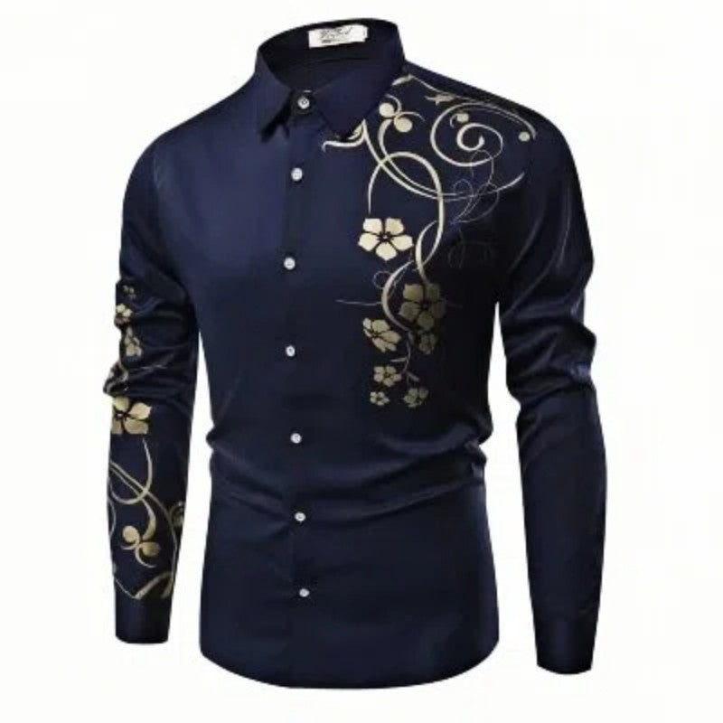 2025 Luxury Gold Flower European and American Popular Printed Long Sleeve Shirt for Luxury Parties Wearing Button Up Top
