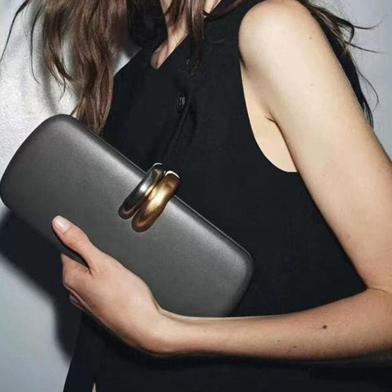 Long Rigid Clutch Retro Metal Luxury Shoulder Bag Fashion Removable Metal Chain Handle Crossbody Bag Clip Closure Banquet Bag