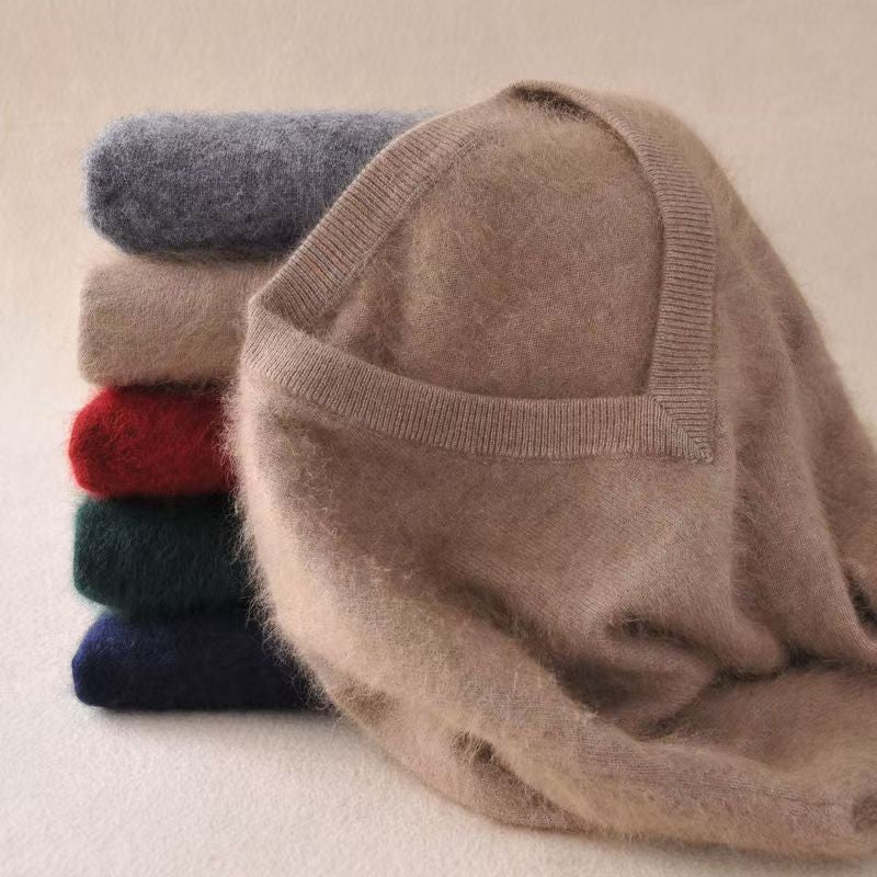 Autumn And Winter New Warm Pure Mink Cashmere Sweater Men's V-neck Pullover Thickened Plus Size Knitted Bottoming Shirt