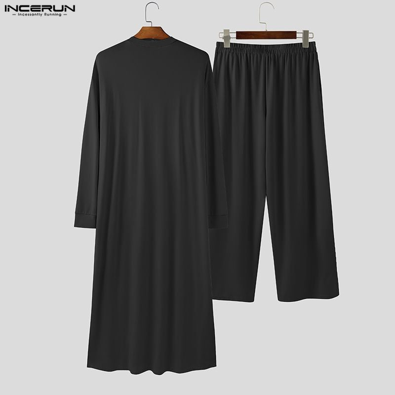 INCERUN Men Sets Solid Color Long Sleeve Long Style T Shirt & Pants Two Pieces Sets Loose Streetwear Fashion Casual Men Suits