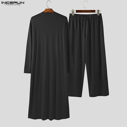 INCERUN Men Sets Solid Color Long Sleeve Long Style T Shirt & Pants Two Pieces Sets Loose Streetwear Fashion Casual Men Suits