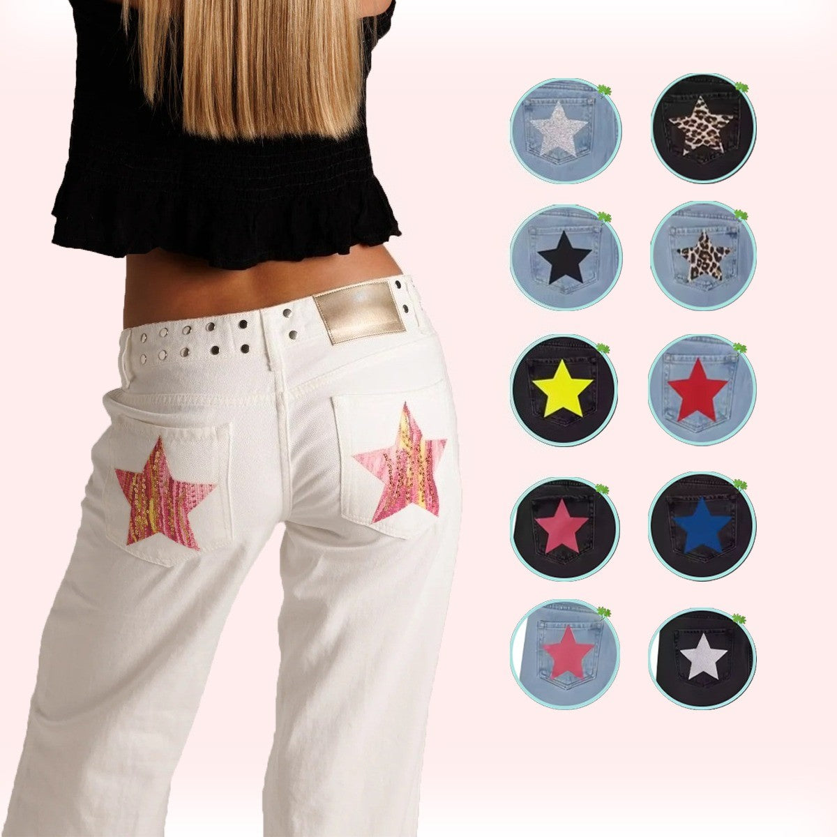 Spanish Street Fashion ONE DILEMMA Style Rivet Five-pointed Star Pattern White Jeans Women's Autumn Slim Straight Pants
