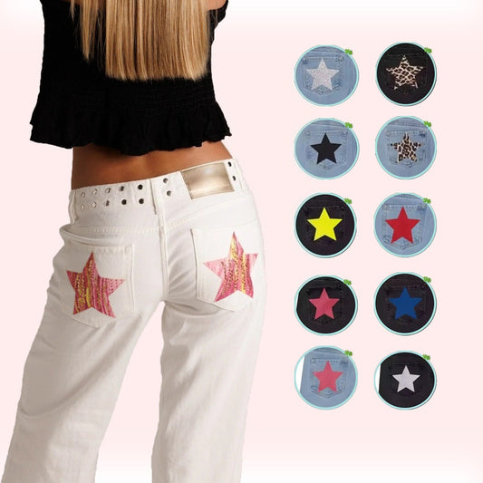Spanish Street Fashion ONE DILEMMA Style Rivet Five-pointed Star Pattern White Jeans Women's Autumn Slim Straight Pants