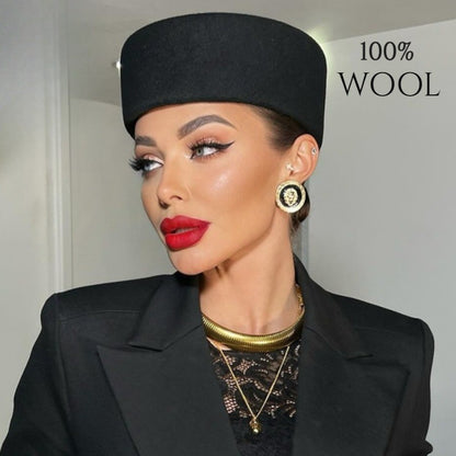 Vintage Hard Top Flat Fedoras Hats Women 100% Wool Felt Berets Hat Wedding Fascinator Caps Wedding Cocktail Party Pillbox Hat