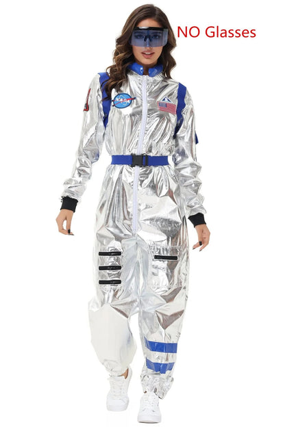 Adult Silver Astronaut Costume Men Women Spaceman Suit Space Jumpsuit Halloween Cosplay Party Dress Up