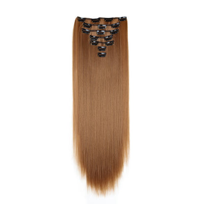Extensão de cabelo liso longo sintético de 24 polegadas 7pçs/conjunto 16 clipes Penteado Preto Loiro Peruca para mulheres 2026