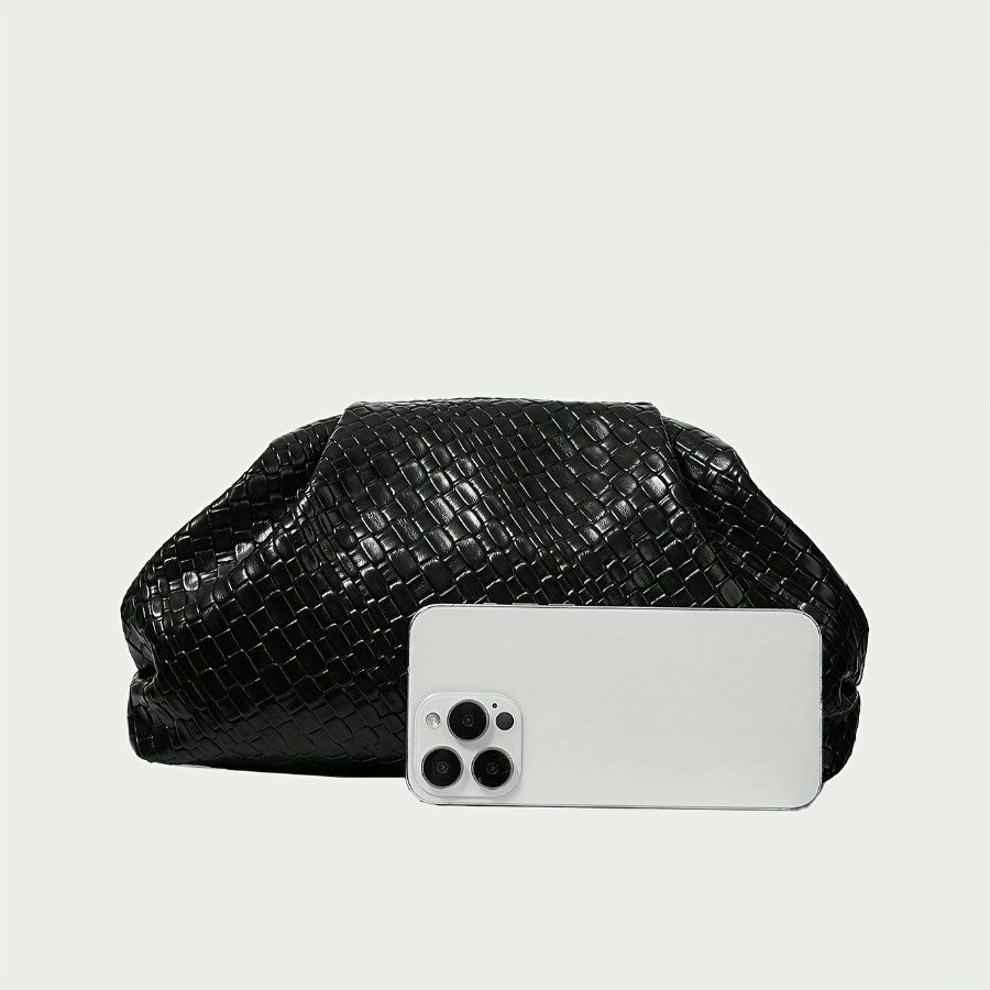 Elegant Weave Textured Ladies Clutch Bag - Adjustable Strap and Clasp Closure, Premium Pure Black Dinner Bag for Weddings