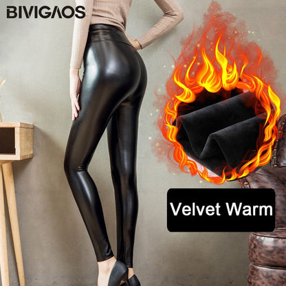 BIVIGAOS Fashion Women PU Leather Pants Elastic High Waist Winter Leggings Slim Velvet Leather Leggings Skinny Fleece Trousers