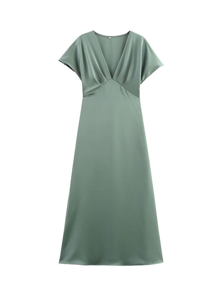 TRAFZA Women Elegant Solid Satin Dress Sexy V Neck Short Sleeve Midi Dress 2025