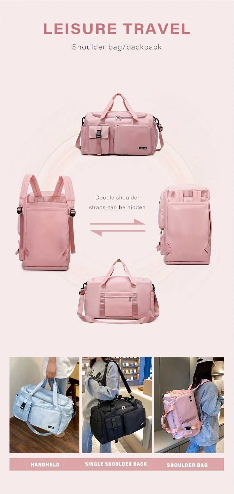 Multifunctional Women's Travel and Fitness Bag - Stylish Pink, Large Capacity, Separate Footwear Compartment