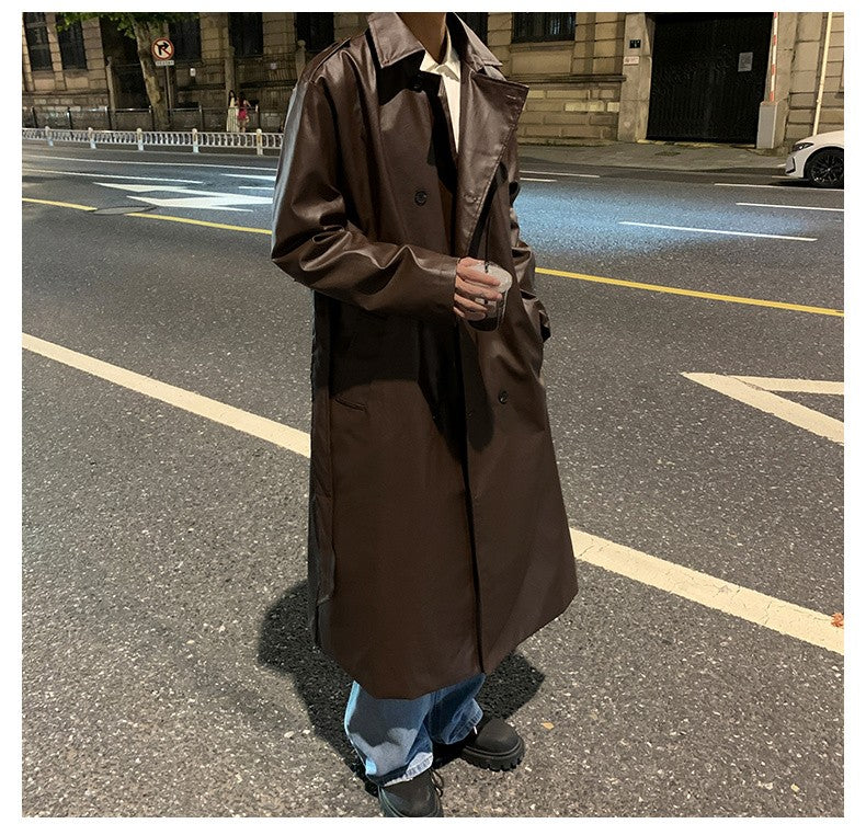 Autumn Trench Coat Men's High-end Luxury Double Row PU Leather Coat Male Long Korean Style Windbreaker Motorcycle Leather Jacket