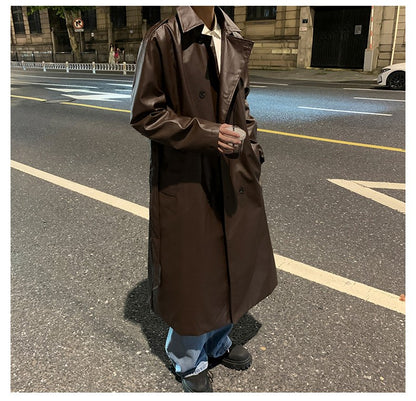 Autumn Trench Coat Men's High-end Luxury Double Row PU Leather Coat Male Long Korean Style Windbreaker Motorcycle Leather Jacket