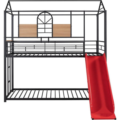 Over Twin Metal Bunk Bed with Slide and House Design, Black Bed Frame with Red Slide