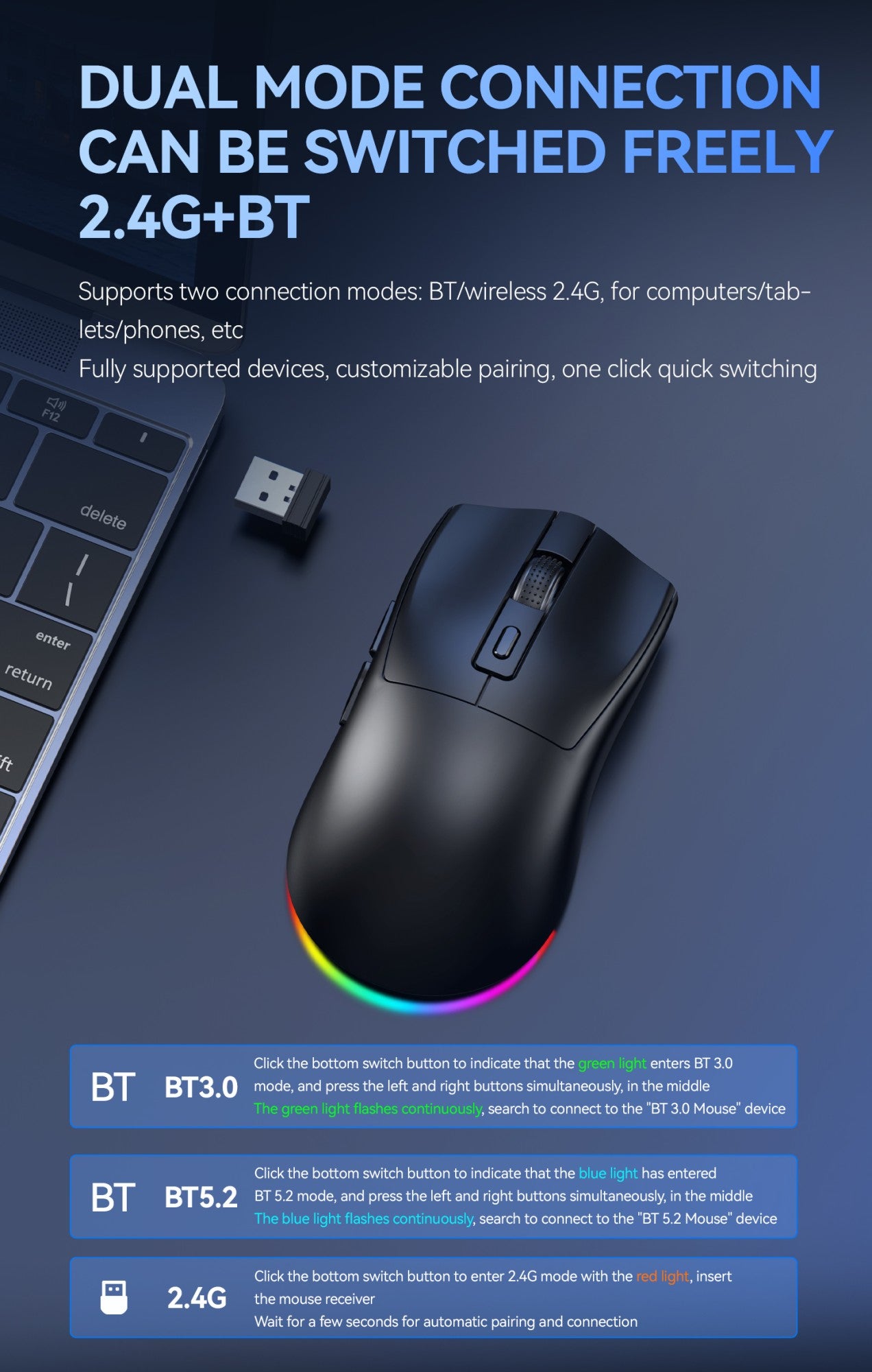 LEAVEN X3 2.4G Bluetooth Modo Duplo Receptor Mouse Óptico Sem Fio Mouse Gamer 1600DPI Mouse Compatível com Bluetooth para MacBook L