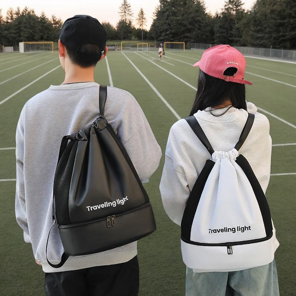 Mochila Esportiva com Cordão e Compartimento para Sapatos, Bolsa Esportiva de Nylon com Vários Bolsos para Treino de Academia, Decoração com Franjas e Estrutura Desmontável