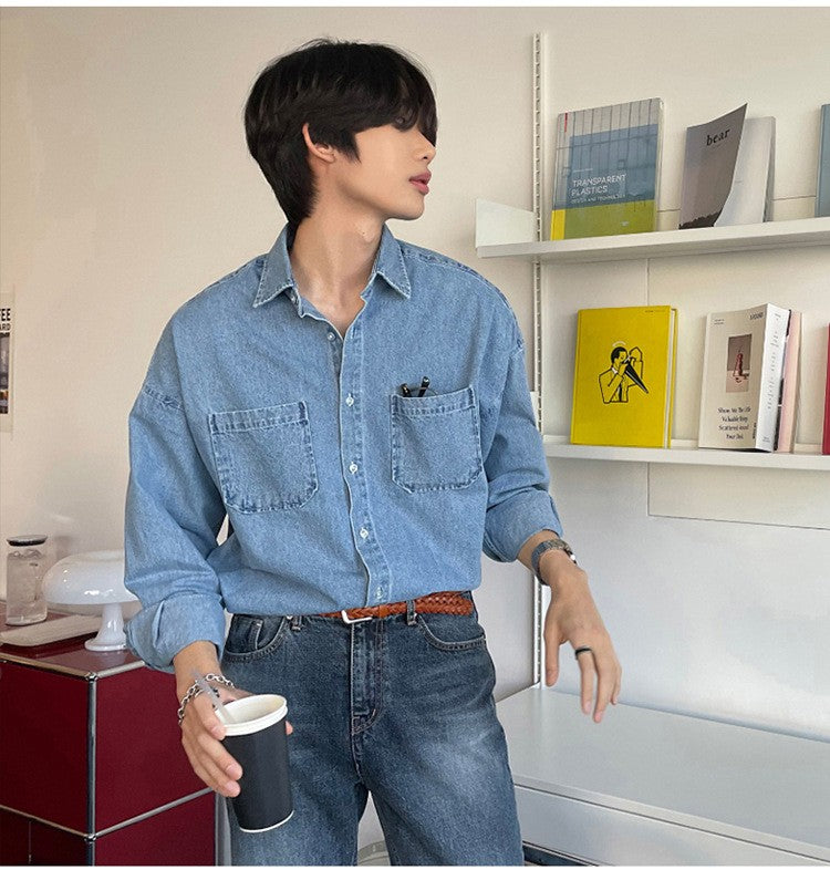 Spring Clothing Men's Denim Long-sleeved Pocket Shirt Casual Korean Turn down Button Streetwear Light Luxury Stylish 2025 New