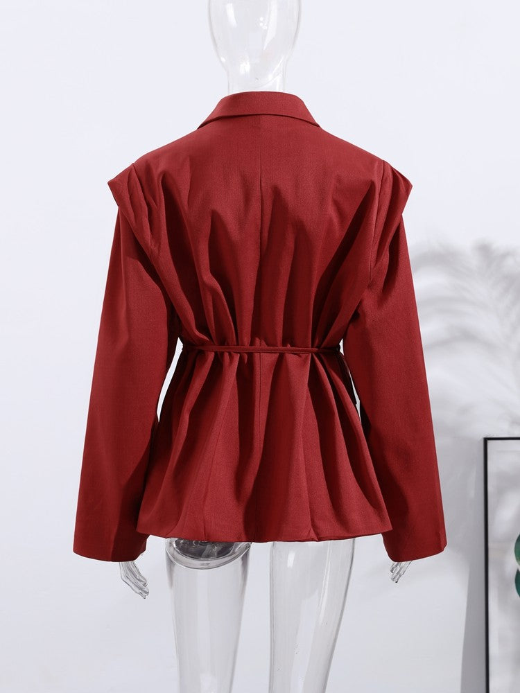 Lace Up Shoulder Pad Blazer Coat Women Elegant Turn-down Collar Long Sleeve Pockets Slim Fit Coats Chic Ladies Commute Outerwear