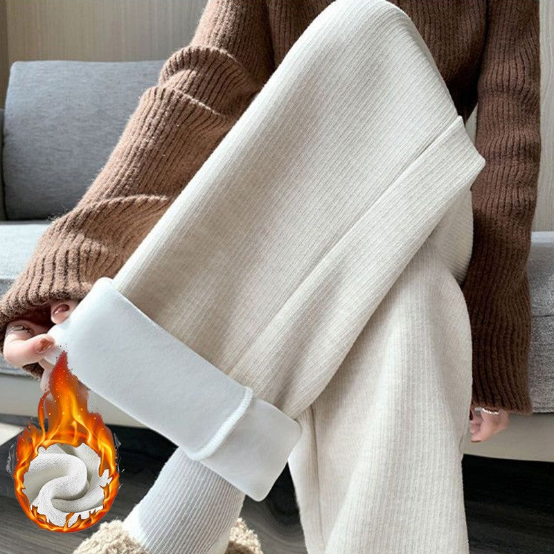 Winter Lady High Waisted Fleece Pants Girls Warm Thermal Straight Leg Trousers Female Classic Solid Drawstring Pants
