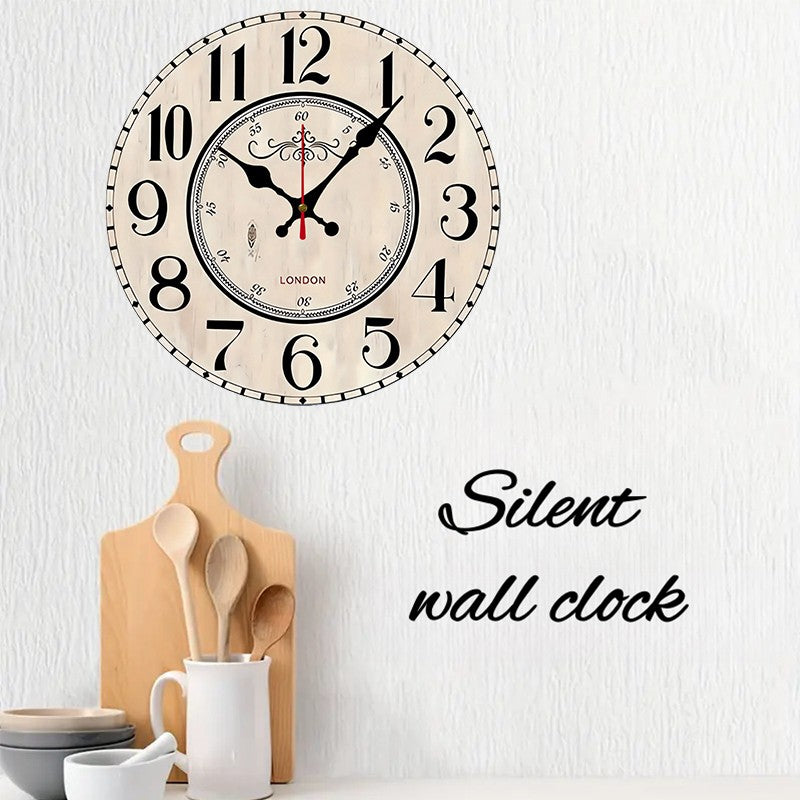 London Arabic Wooden Round Silent Hanging Wall Clock, Suitable For Living Room, Office, Study Room, Bedroom, Home Decoration