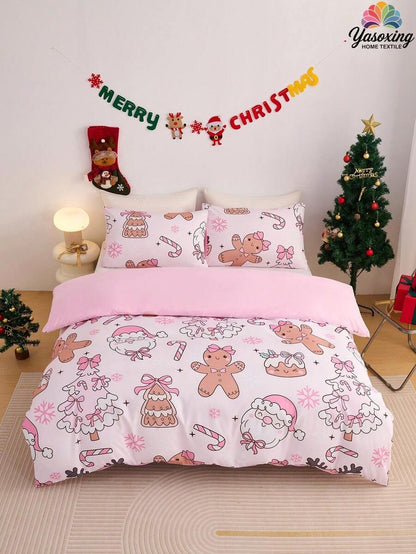 2/3pcs Pink Christmas Snowflake Gift Gingerbread Man Pattern Reversible Color Duvet Cover Bedding Set, Soft Breatheable