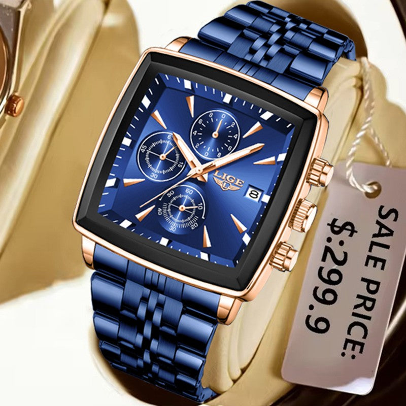 LIGE Top Brand Luxury Mens Watches Fashion Military Square Chronograph Quartz Wristwatches For Men Sports Waterproof Watch Men