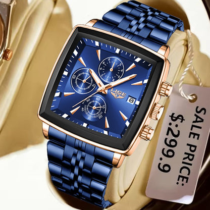 LIGE Top Brand Luxury Mens Watches Fashion Military Square Chronograph Quartz Wristwatches For Men Sports Waterproof Watch Men