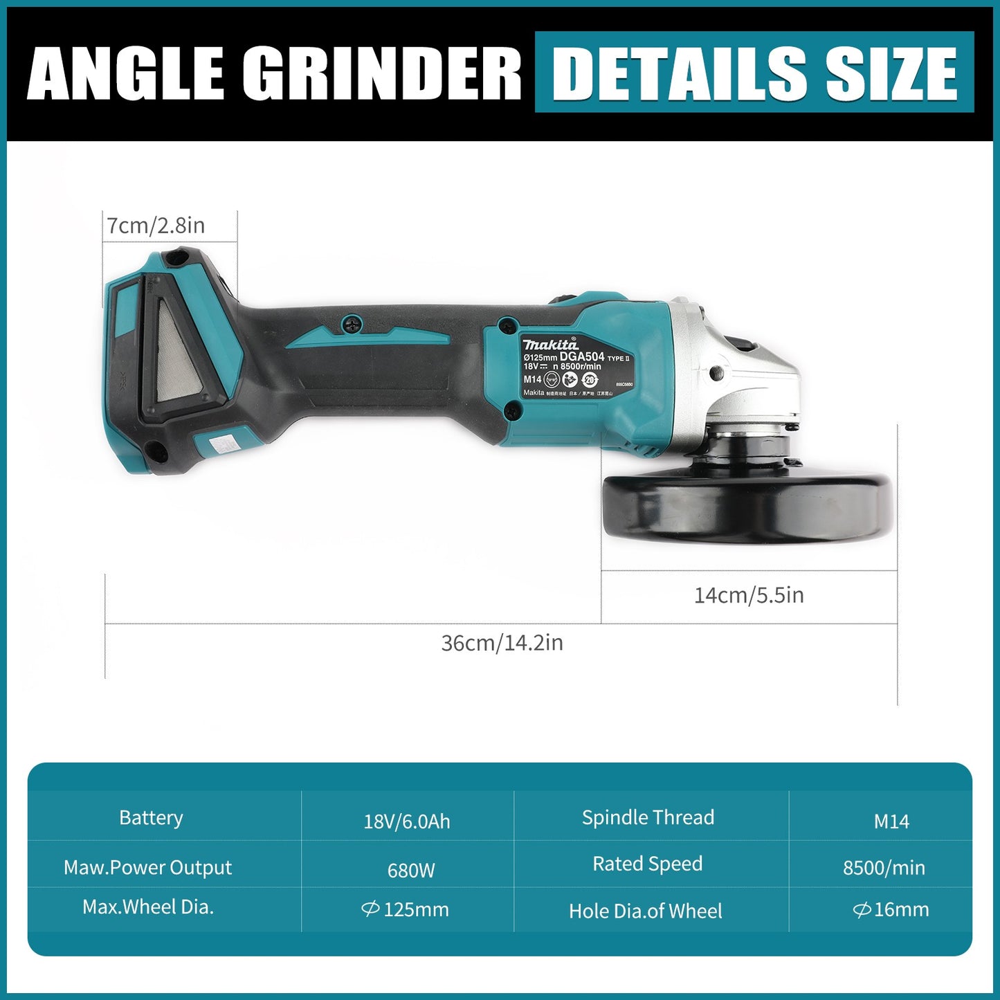 Makita DGA504 Esmerilhadeira Angular Elétrica a Bateria de Lítio 18V sem Escovas, Polidora, Máquina de Corte de Alta Potência