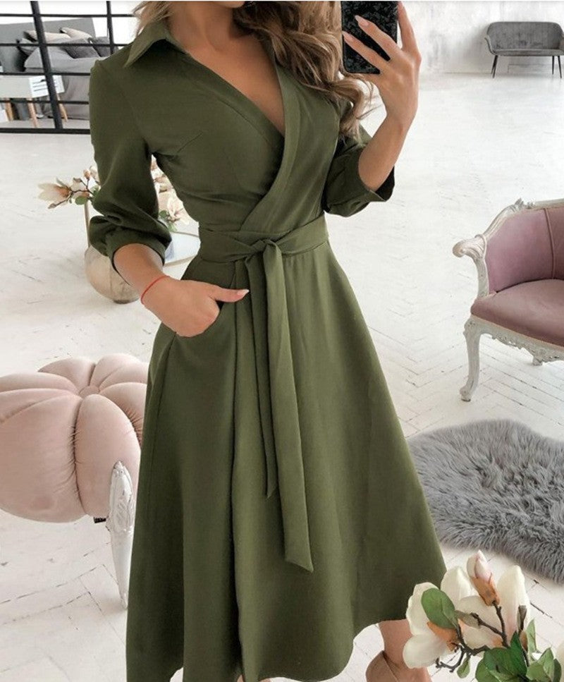 Spring Autumn Fashion Office Ruched Dress Long-sleeved V-neck Red Black Blue Bag Hip Dress Women's Clothing Dress for Women