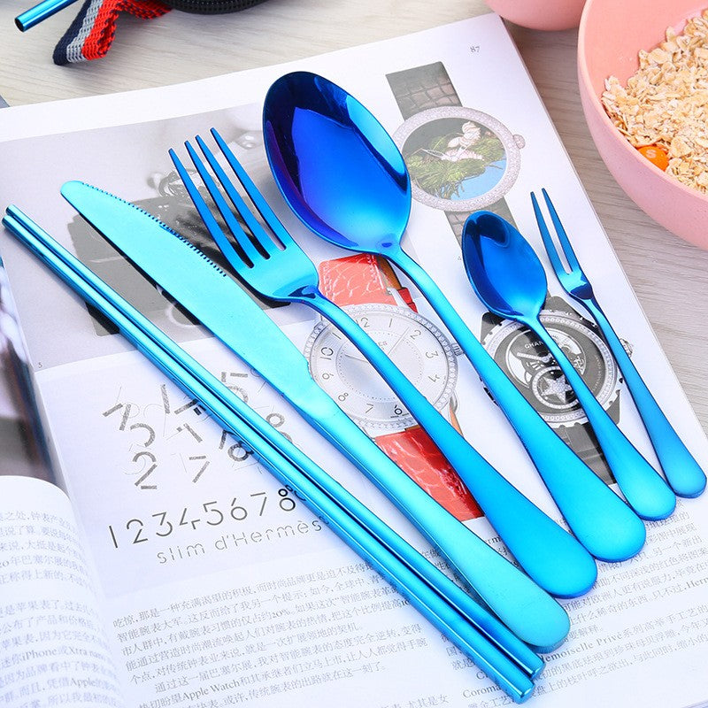 Conjunto de Talheres de Aço Inoxidável, Portátil, Faca, Garfo, Colher, Hashi, Canudo, Ocidental, Presente de Viagem, Conjunto de 9 Peças