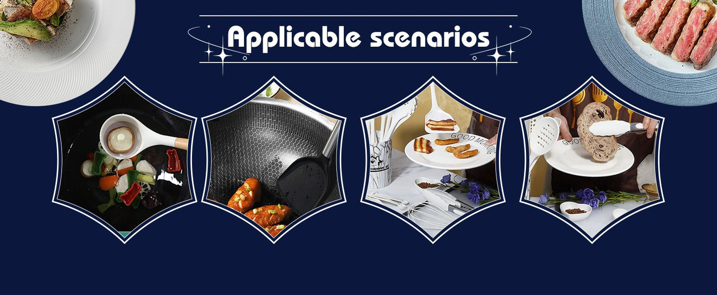Conjunto de utensílios de cozinha de silicone, 19 peças com cabo de madeira, espátula, panela antiaderente e balde de armazenamento de facas multiuso integrado