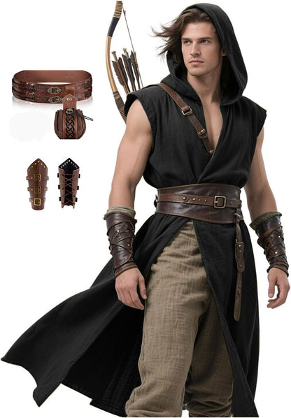Men's Medieval Hooded Surcoat Renaissance Tabard Sleeveless Tunic Cloak Viking Costume Holloween Assassin Cosplay