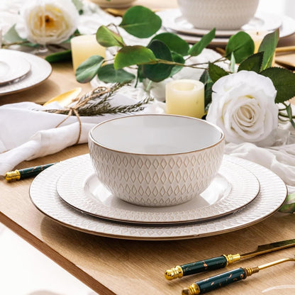 Ceramic Dinnerware Sets,12 pcs Embossed Elegant Stoneware Plates and Bowls Sets, Housewarming Wedding Gift | Dishwasher & Microw