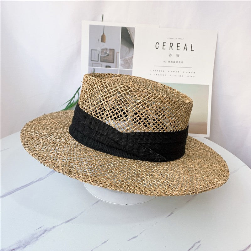 Chapéu de Palha Feminino de Verão Chapéu de Sol Luxuoso Feminino Chapéu de Praia de Proteção Solar da Moda Chapéu Panamá Francês Chapéu Raff de Aba Larga com Topo Abaulado