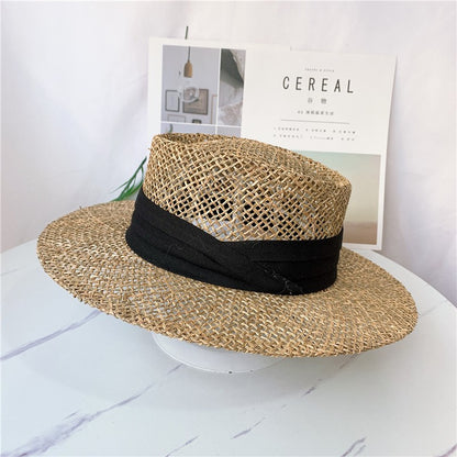 Chapéu de Palha Feminino de Verão Chapéu de Sol Luxuoso Feminino Chapéu de Praia de Proteção Solar da Moda Chapéu Panamá Francês Chapéu Raff de Aba Larga com Topo Abaulado