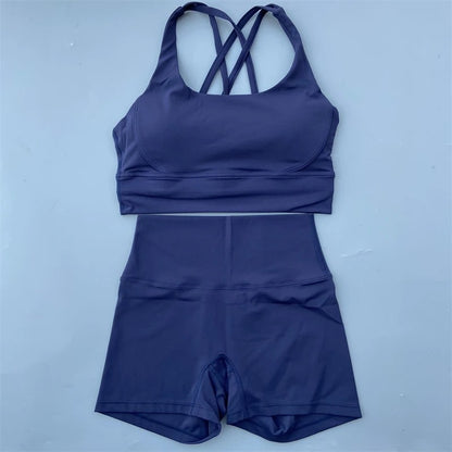 Solid Color gym bike Yoga Set short Legging +cross sport bra Tracksuit  Athletic Women Gym Suit Comprehensive Training Jogging