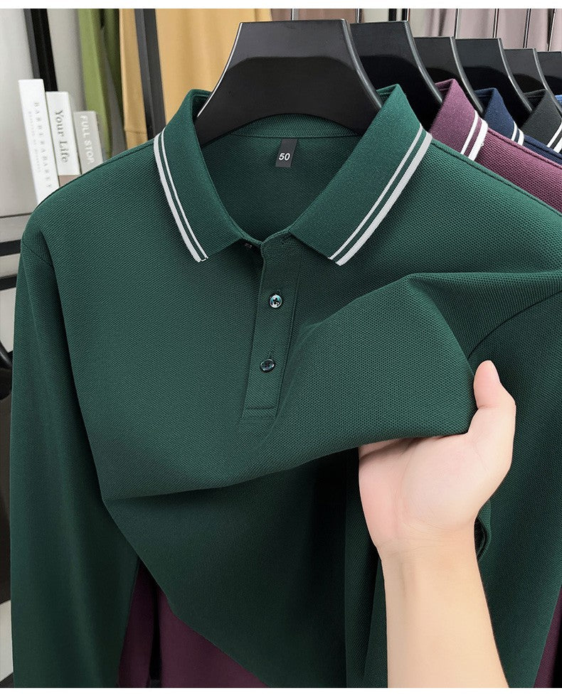 100% pure cotton high-quality long sleeve polo shirt men's autumn new style comfort casual luxury double striped lapel T-shirt