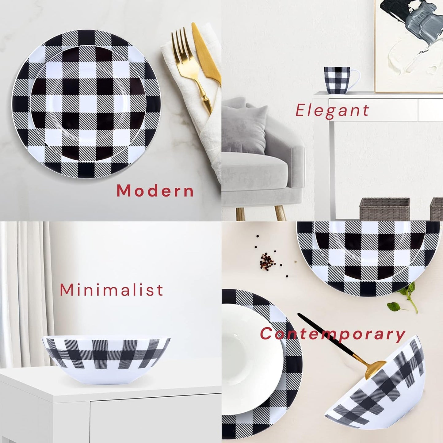 Inverno Geada Branca, Jogos de Jantar Modernos Pretos para Cozinha, Pratos e Louças Internas, Conjunto de Pratos e Tigelas de Cozinha Xadrez de 16 Peças com Mu