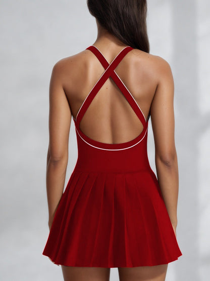 Women's Yoga One-Piece Dress with Chest Pads Color Block Pleated Skirt High Elasticity Quick-Dry Anti-Exposure Golf Tennis Skirt