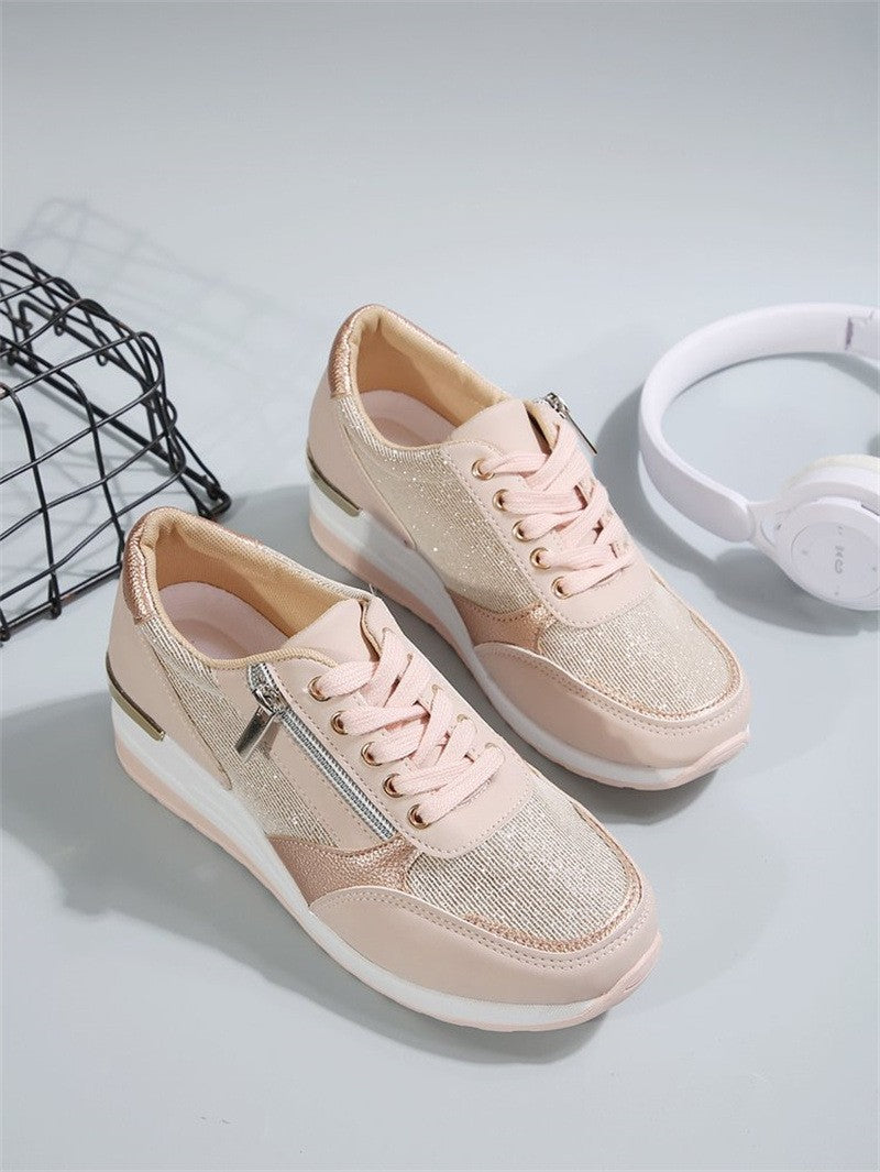 Fashion Thick Bottom Silver Sneakers Women 2025 Spring Wedge Heel Vulcanized Shoes Woman Comfortable Lace Up Sport Sneaker Mujer