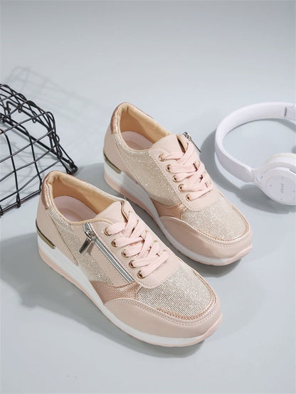 Fashion Thick Bottom Silver Sneakers Women 2025 Spring Wedge Heel Vulcanized Shoes Woman Comfortable Lace Up Sport Sneaker Mujer